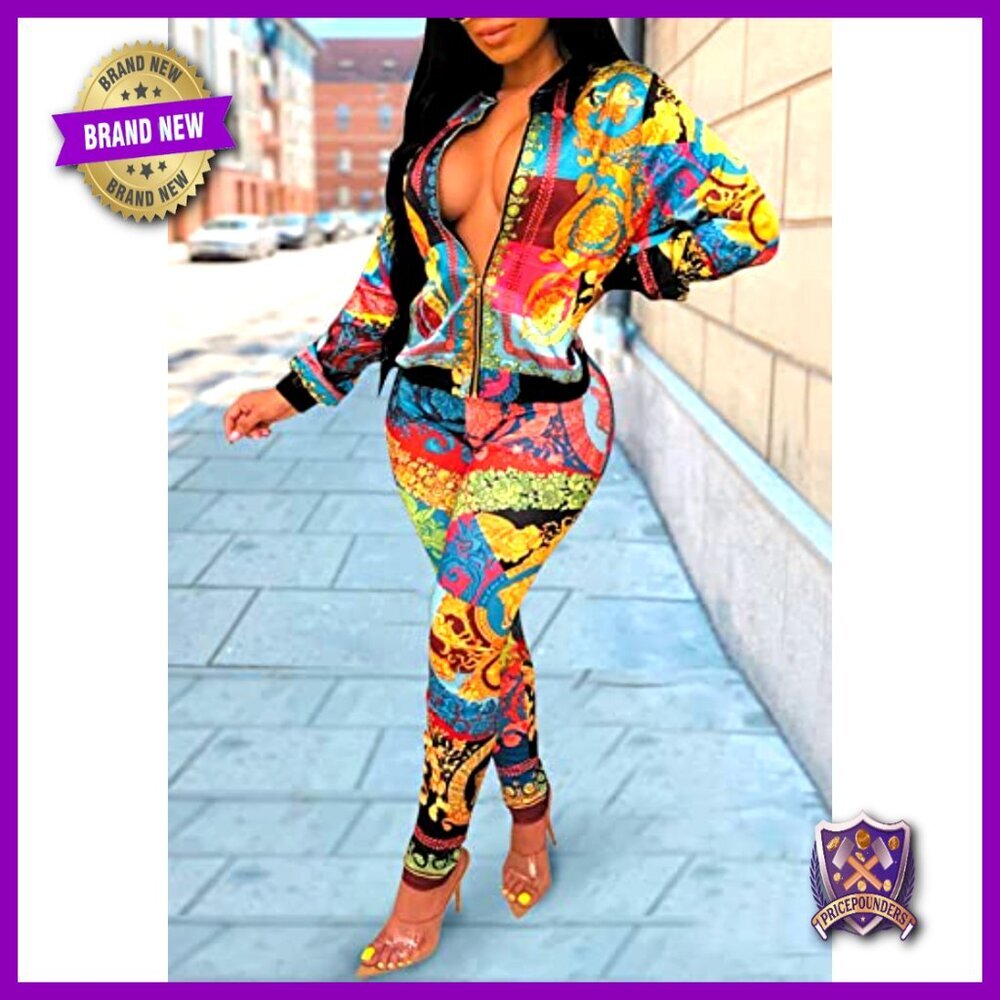 Floral Print 2-Piece Legging Set, Long Sleeve Zipper Jacket, High Waist Bodycon - Picture 6 of 7